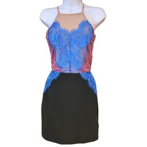 NWT TopShop Mini Dress Black Pink And Blue Sheer Lace Sz 4